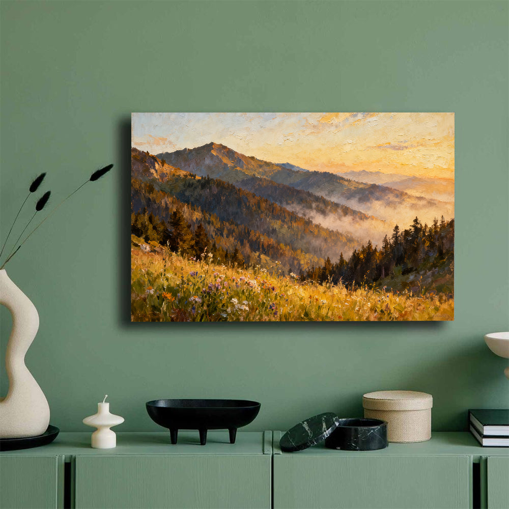 Golden Forest Foothills canvas wall art, mockup on a green wall.
