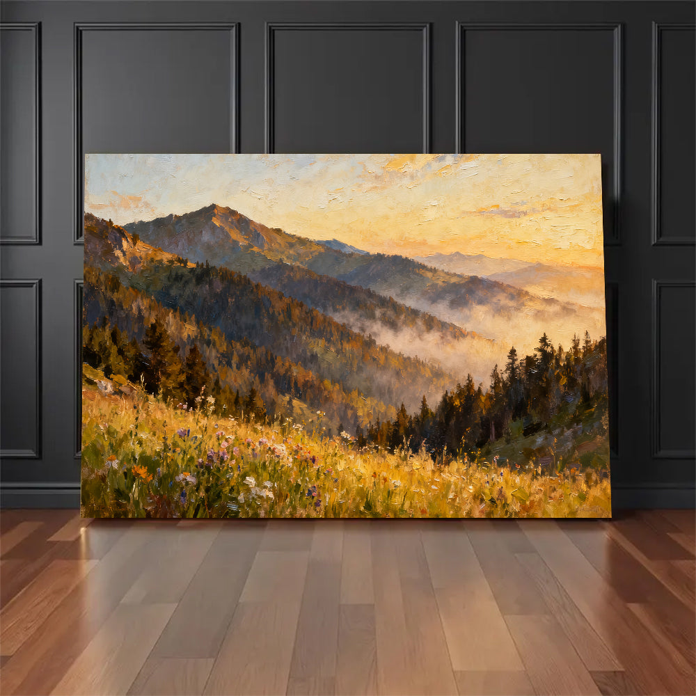 Golden Forest Foothills canvas wall art, floor display against a dark wall.