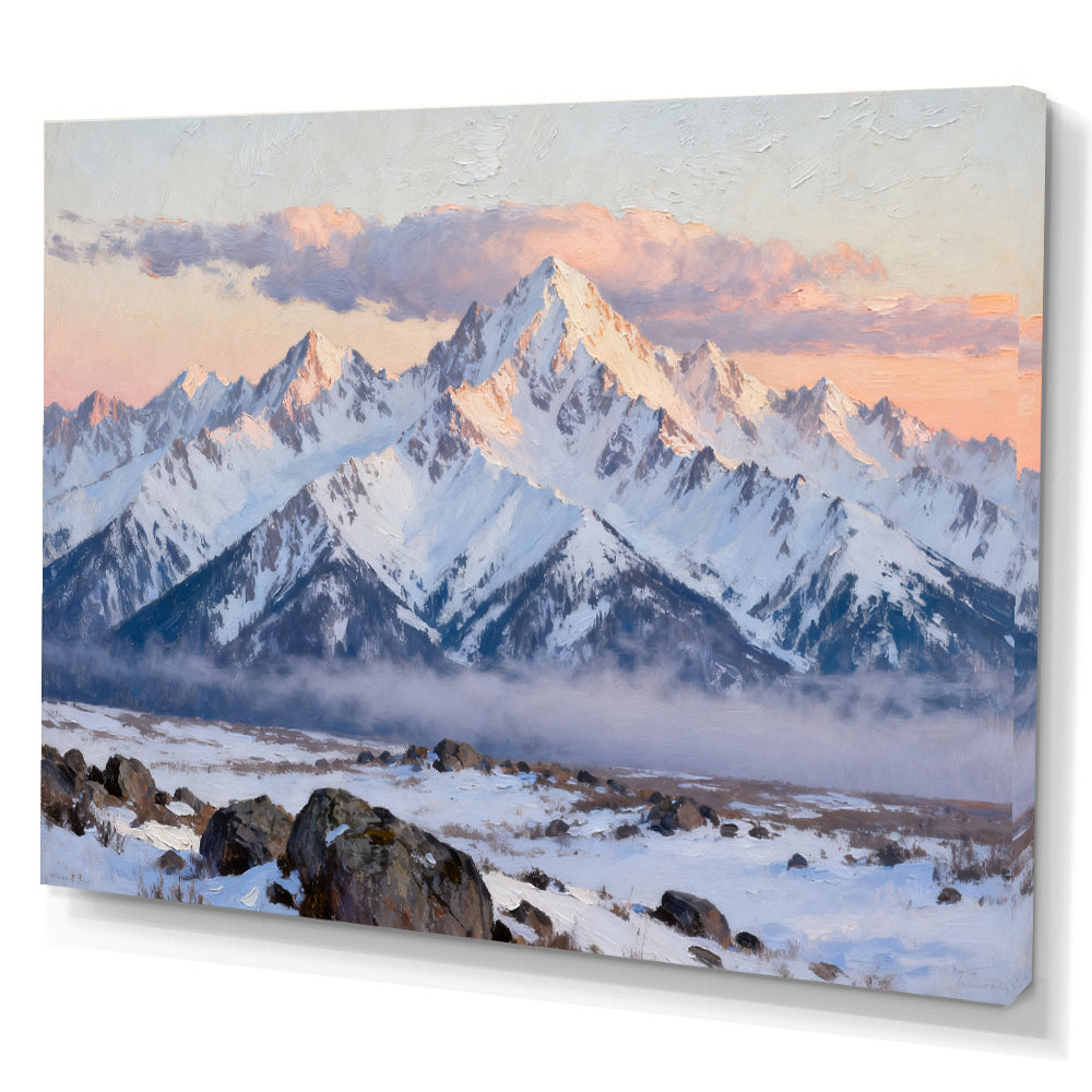 Pink Snowy Horizon canvas wall art, angled canvas mockup on a white background.