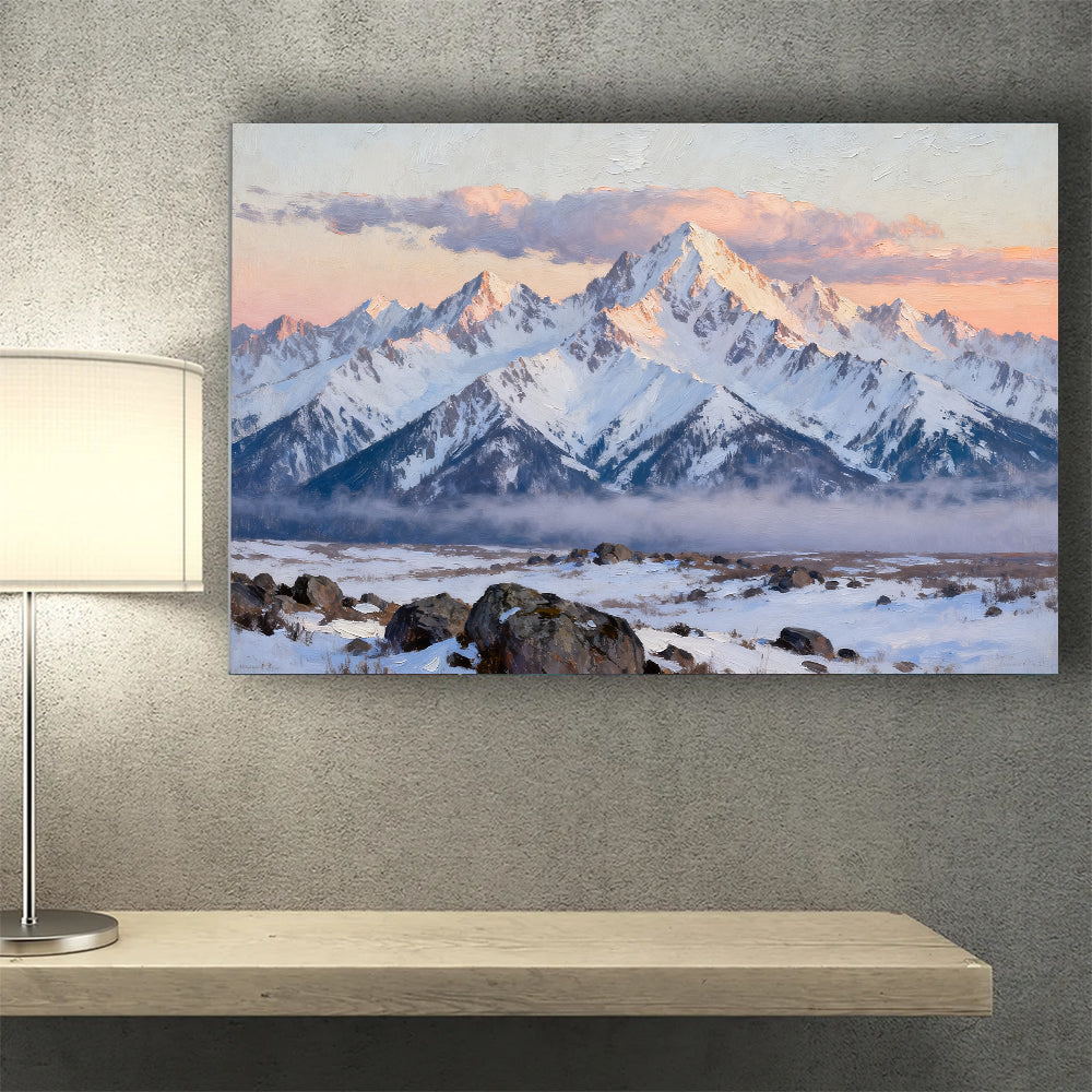 Pink Snowy Horizon canvas wall art, wall mockup above a console.