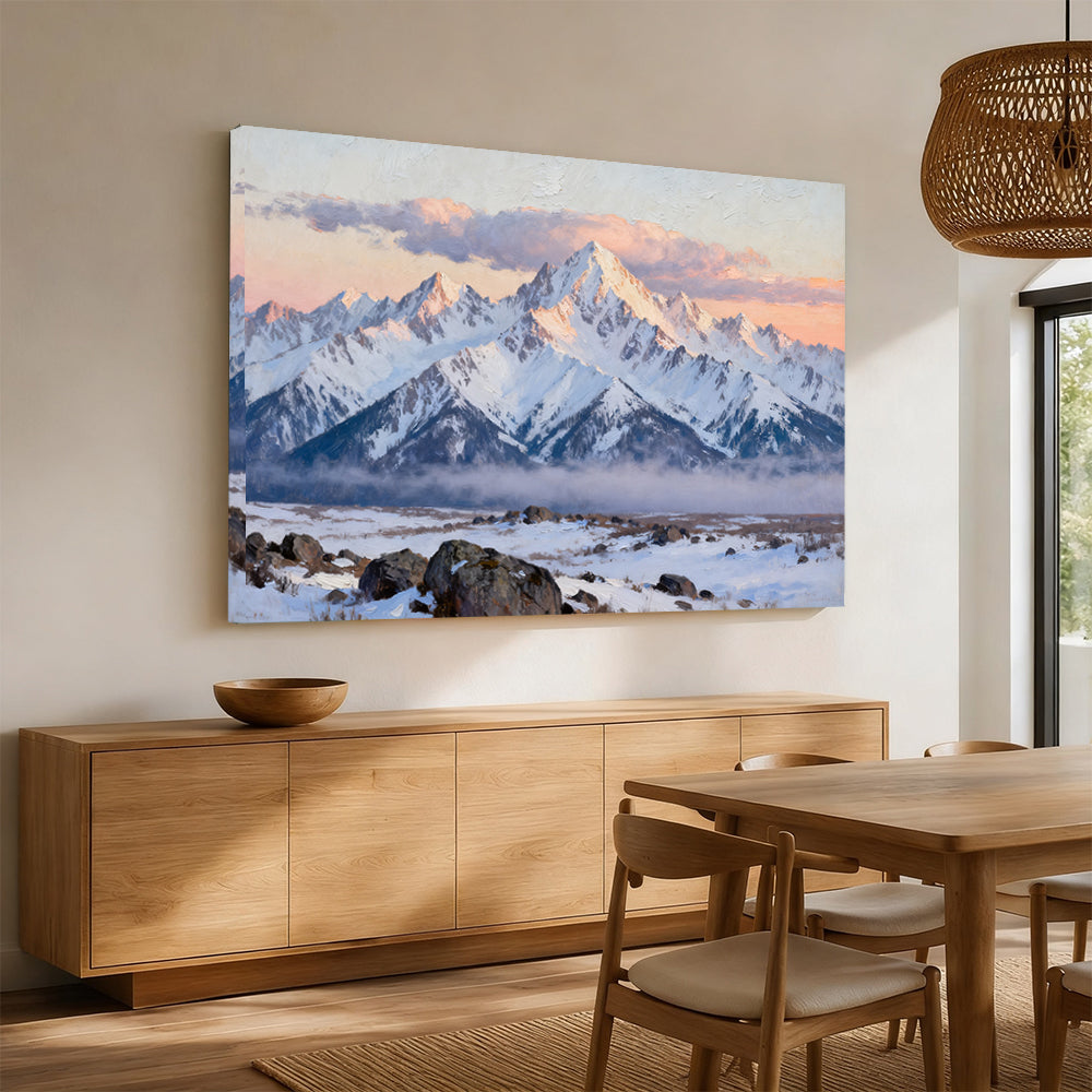 Pink Snowy Horizon canvas wall art, angled mockup above a sideboard.
