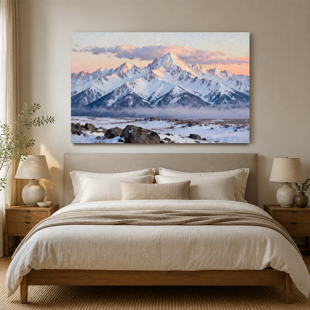 Pink Snowy Horizon canvas wall art, bedroom mockup above a bed.