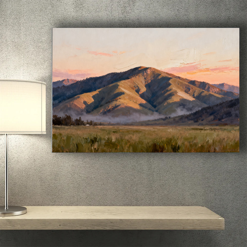 Quiet Mountain Plain canvas wall art, wall mockup above a console.