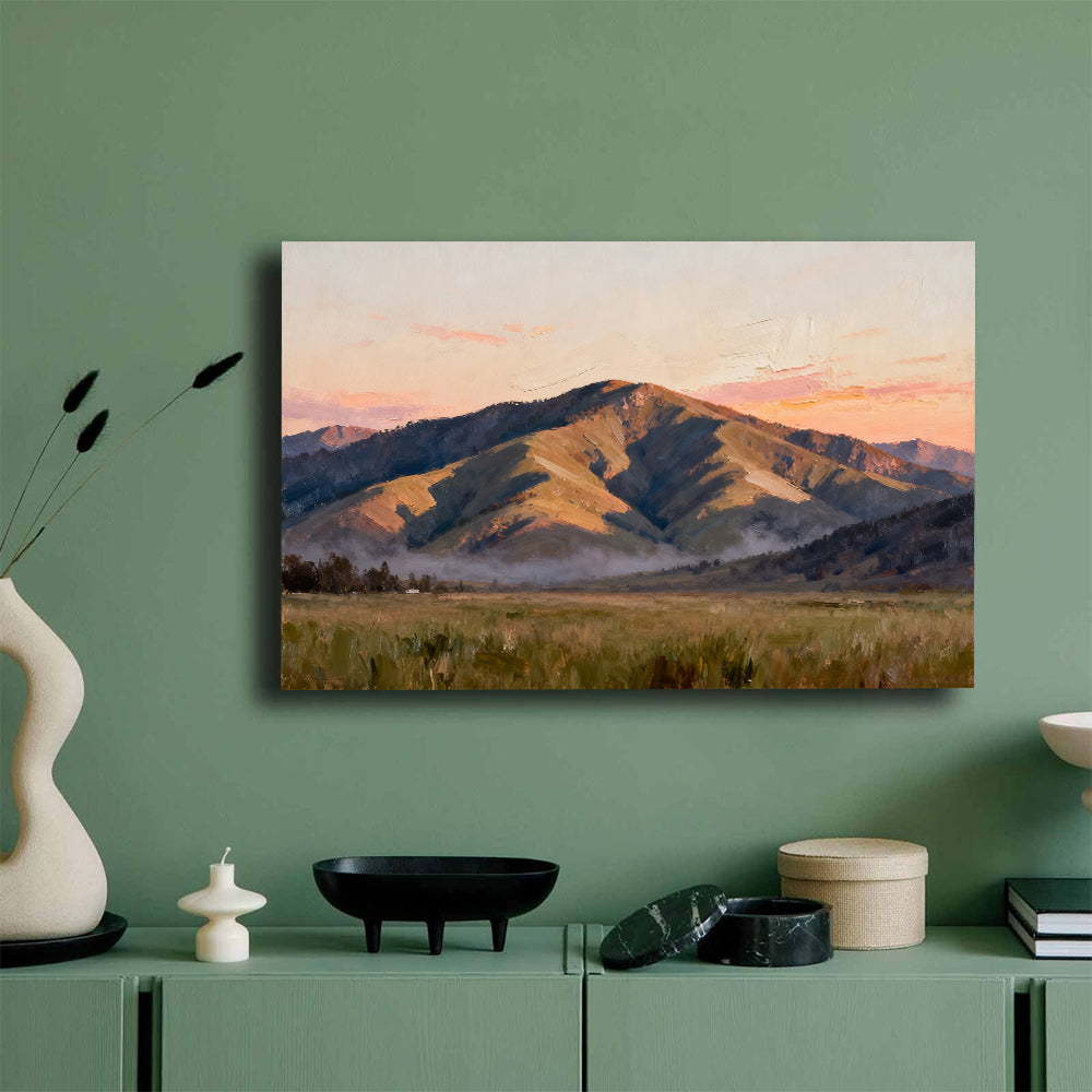 Quiet Mountain Plain canvas wall art, mockup on a green wall.