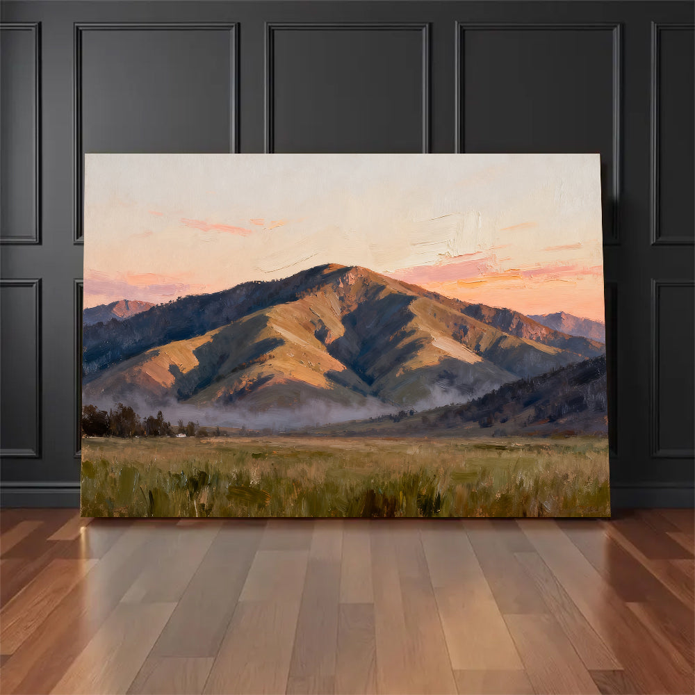 Quiet Mountain Plain canvas wall art, floor display against a dark wall.