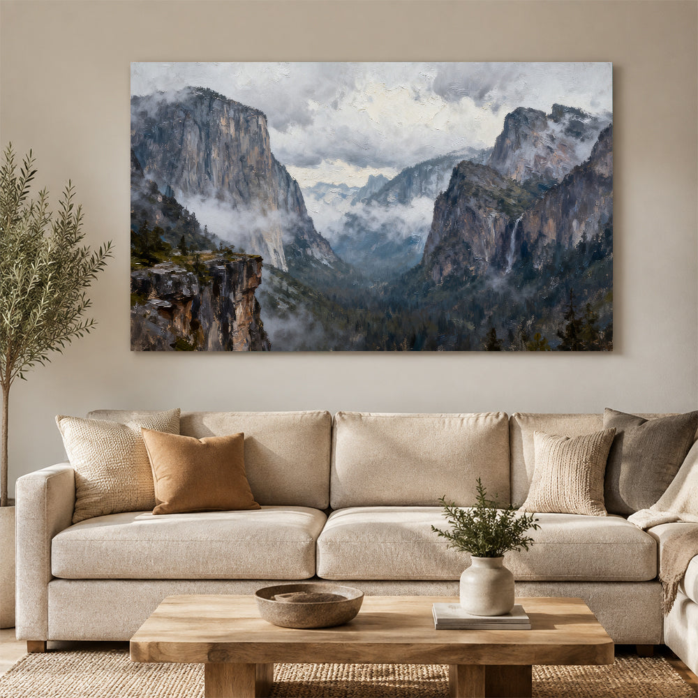 Clouded Granite Valley canvas wall art, living room mockup above a sofa.