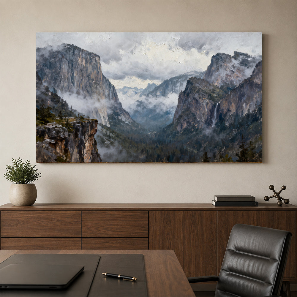 Clouded Granite Valley canvas wall art, office mockup above a desk.