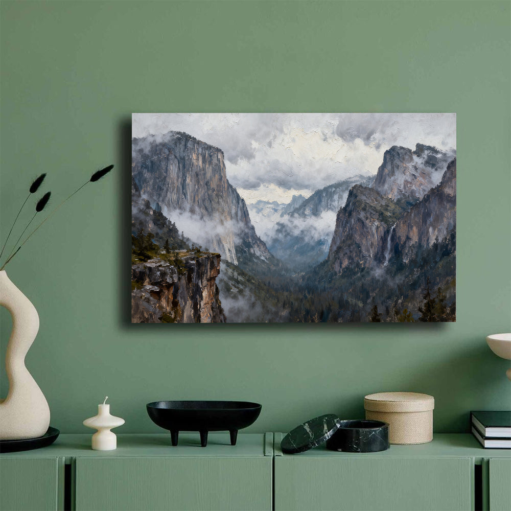 Clouded Granite Valley canvas wall art, mockup on a green wall.
