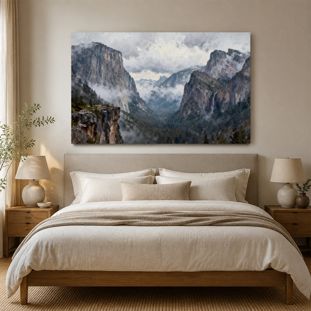 Clouded Granite Valley canvas wall art, bedroom mockup above a bed.