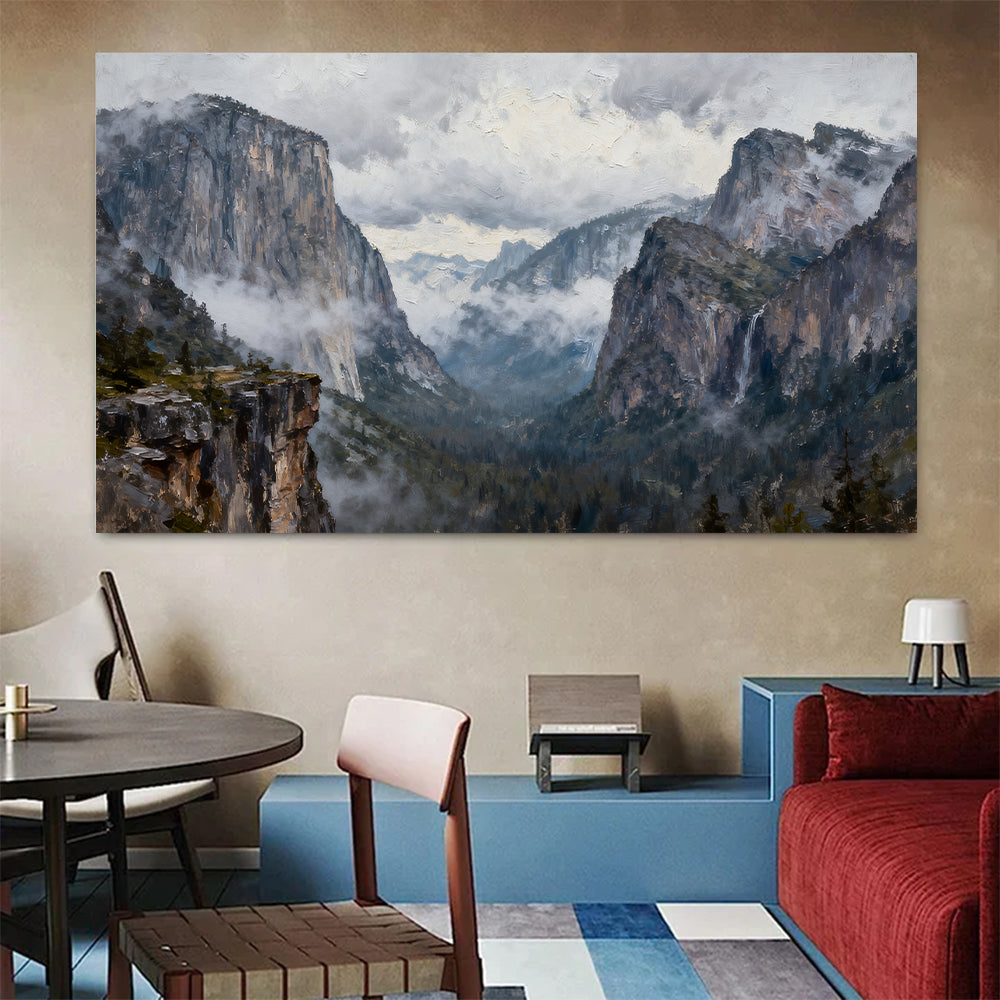 Clouded Granite Valley canvas wall art, colorful room mockup.