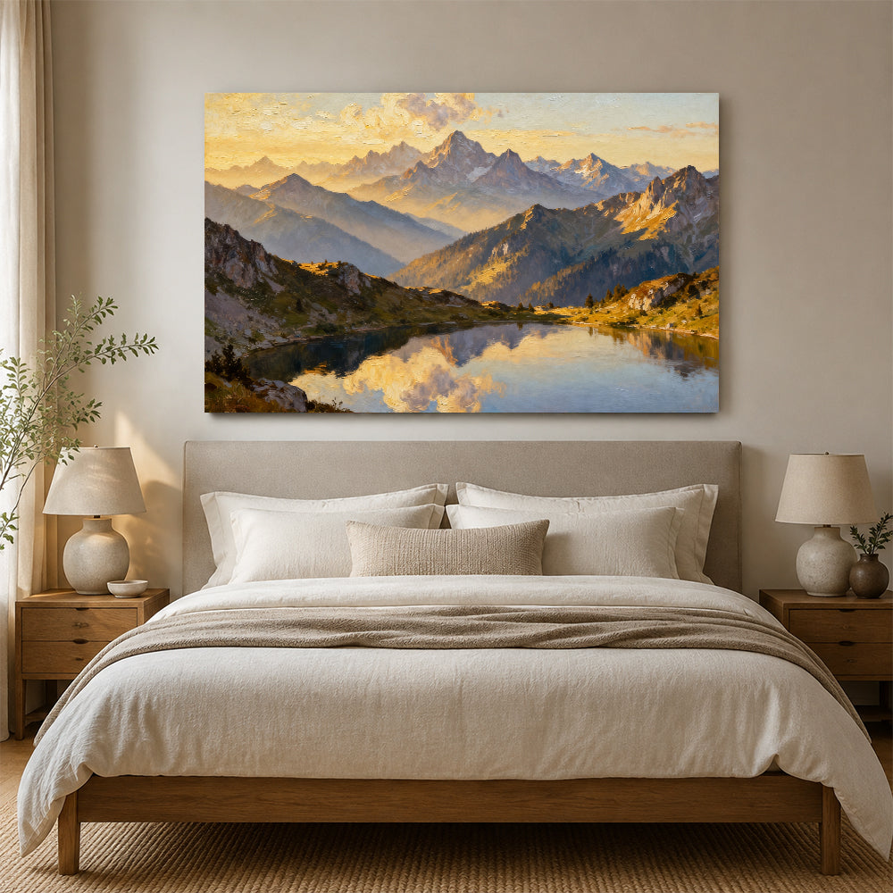 Golden Summit Mirror canvas wall art, bedroom mockup above a bed.