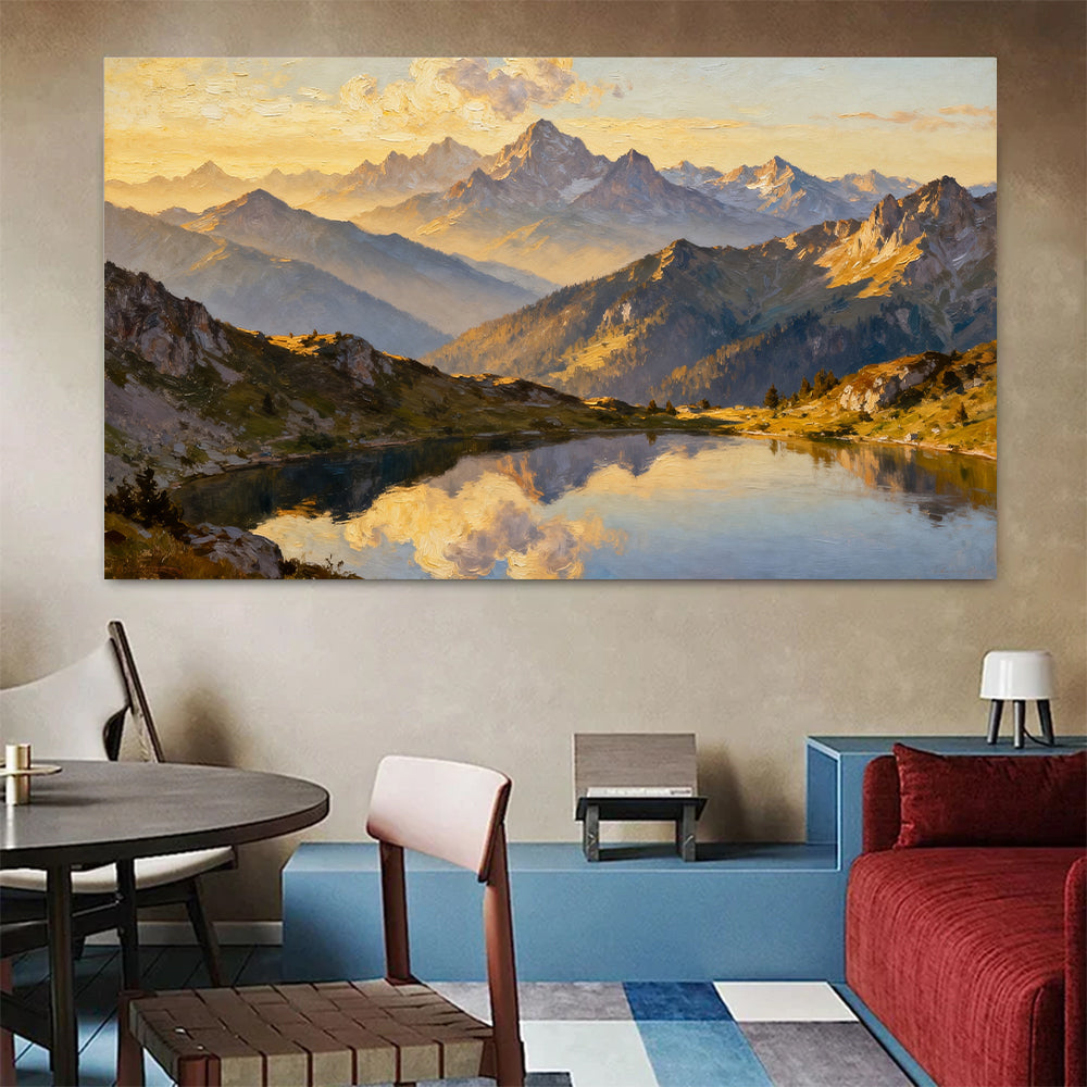 Golden Summit Mirror canvas wall art, colorful room mockup.