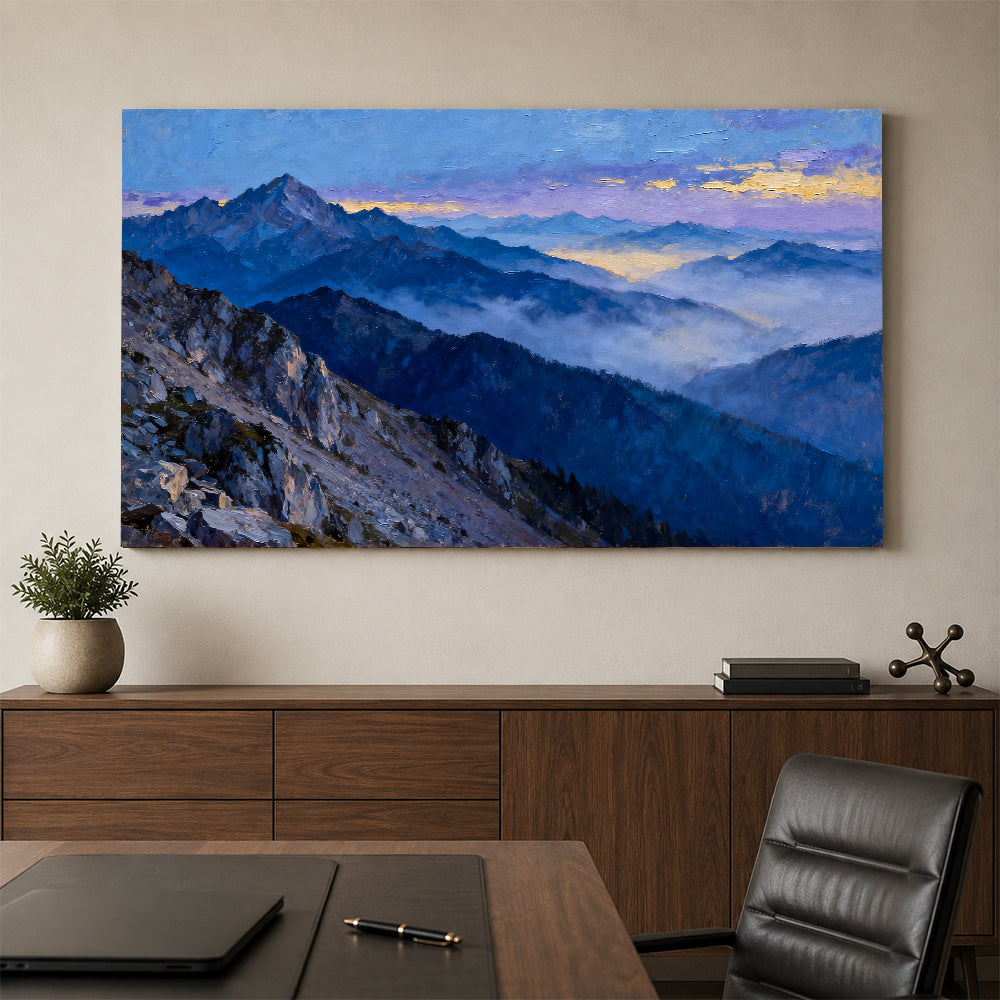 Twilight Blue Ranges canvas wall art, office mockup above a desk.