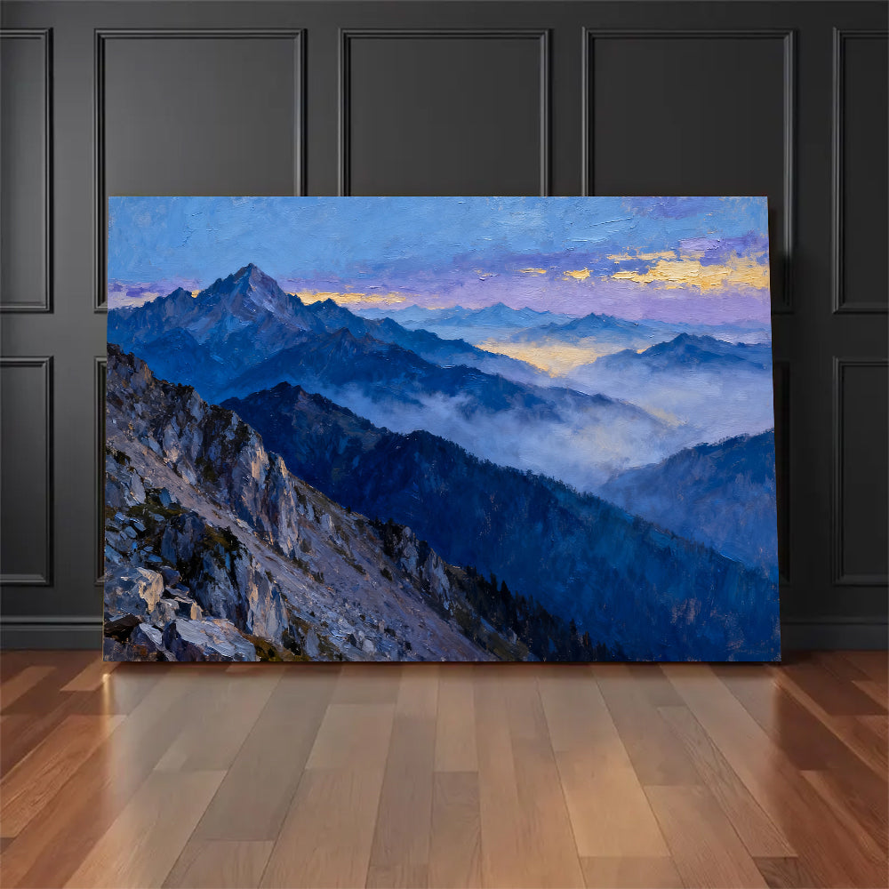 Twilight Blue Ranges canvas wall art, floor display against a dark wall.