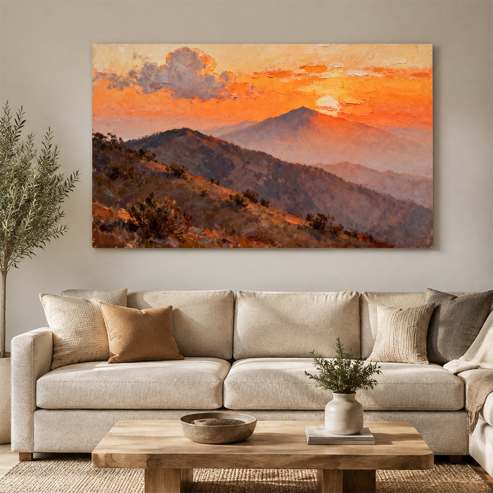 Amber Mountain Dusk canvas wall art, living room mockup above a sofa.