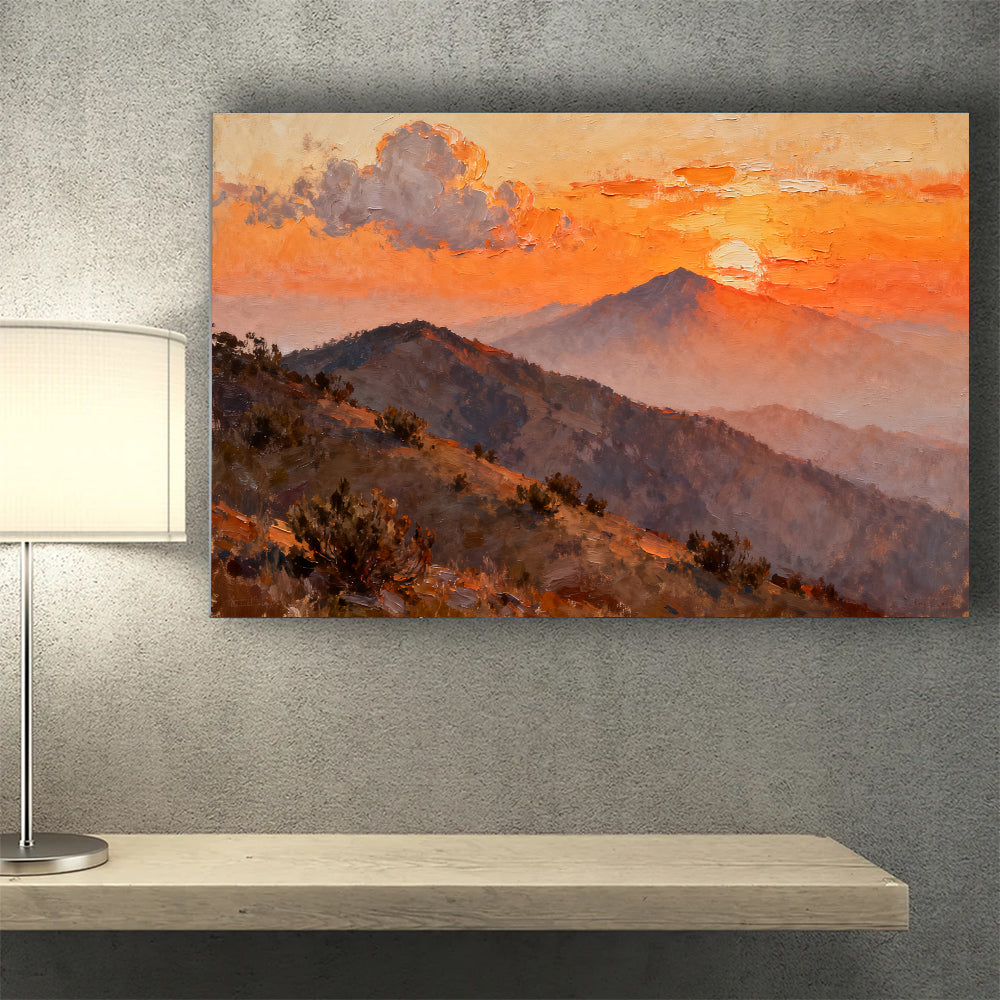 Amber Mountain Dusk canvas wall art, wall mockup above a console.