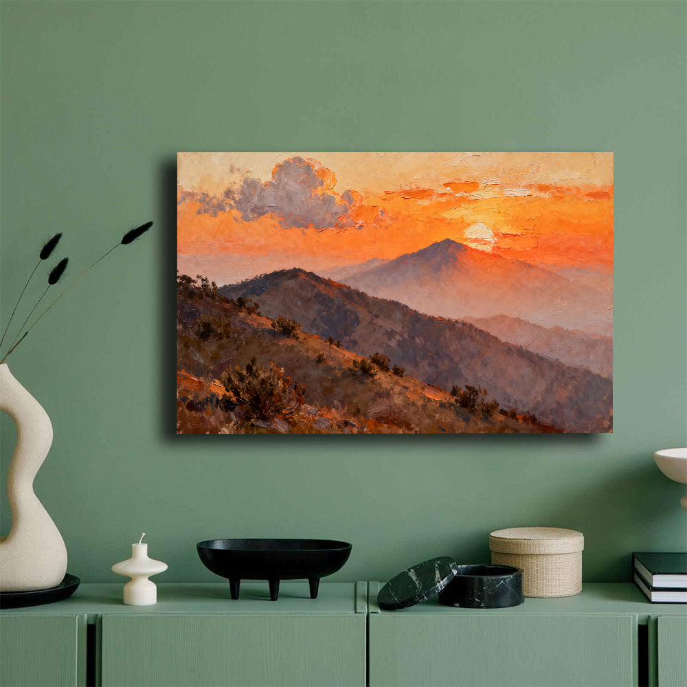 Amber Mountain Dusk canvas wall art, mockup on a green wall.