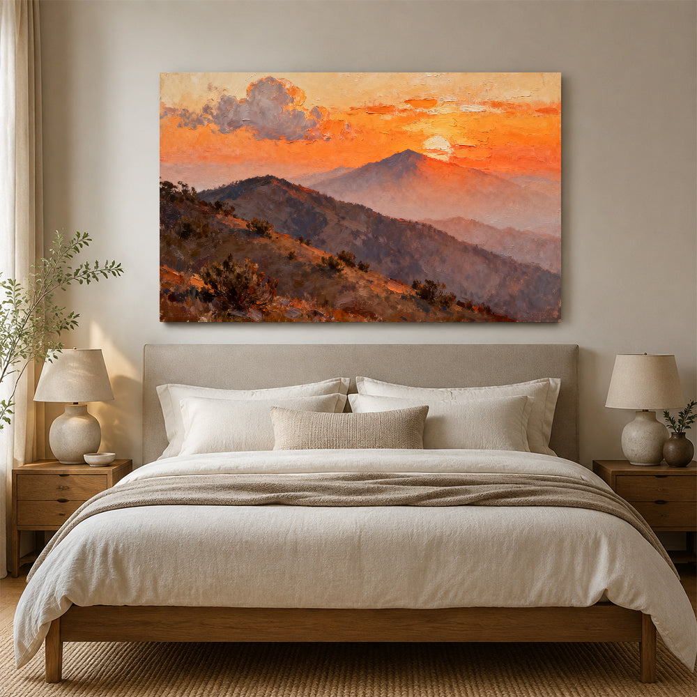 Amber Mountain Dusk canvas wall art, bedroom mockup above a bed.
