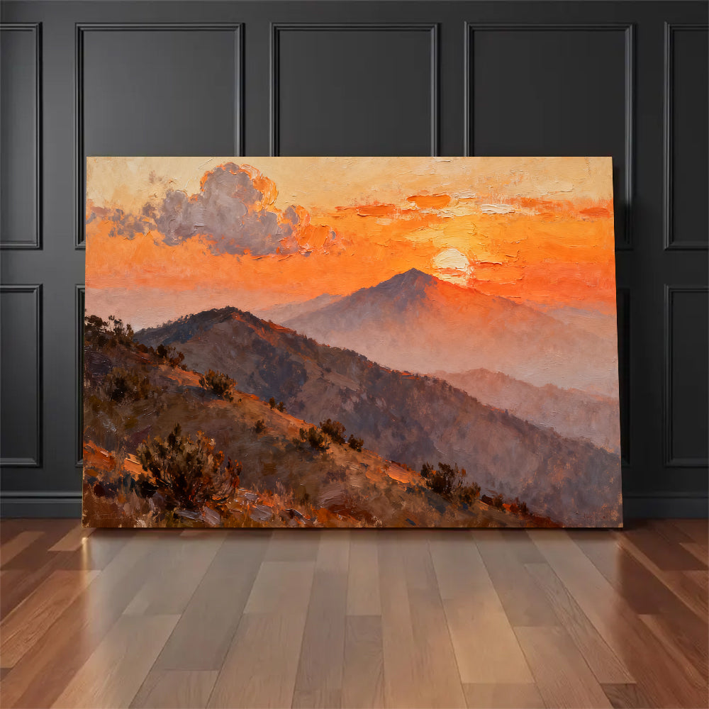 Amber Mountain Dusk canvas wall art, floor display against a dark wall.