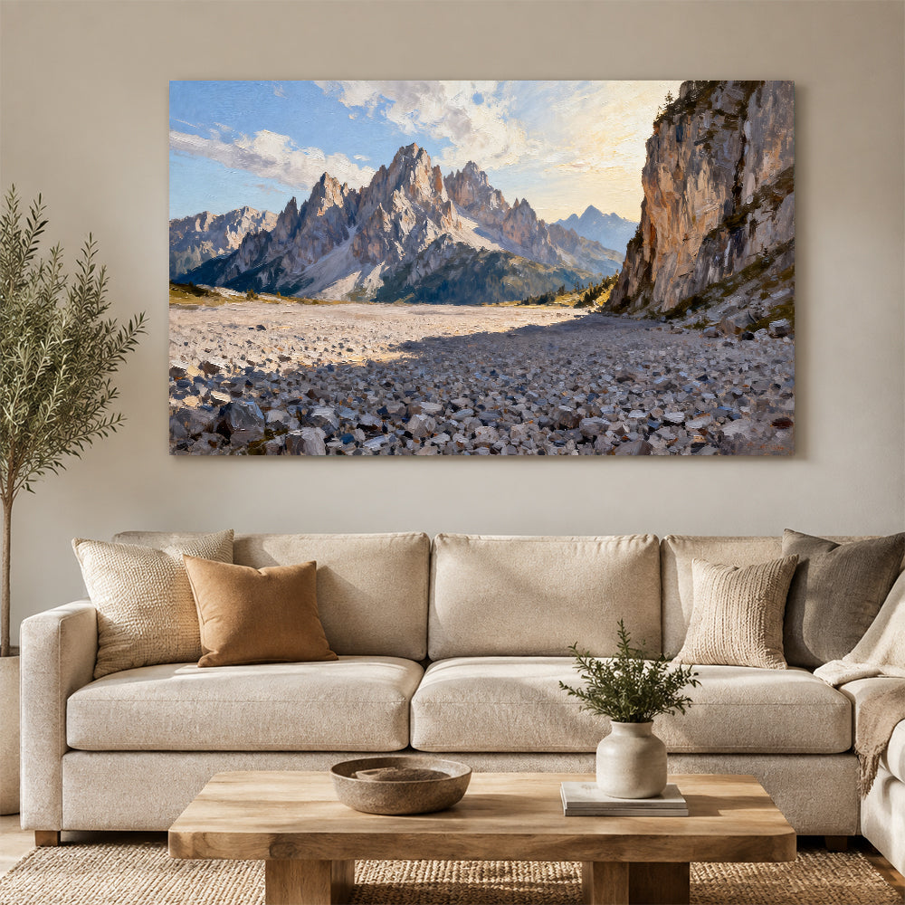 Rocky Alpine Passage canvas wall art, living room mockup above a sofa.