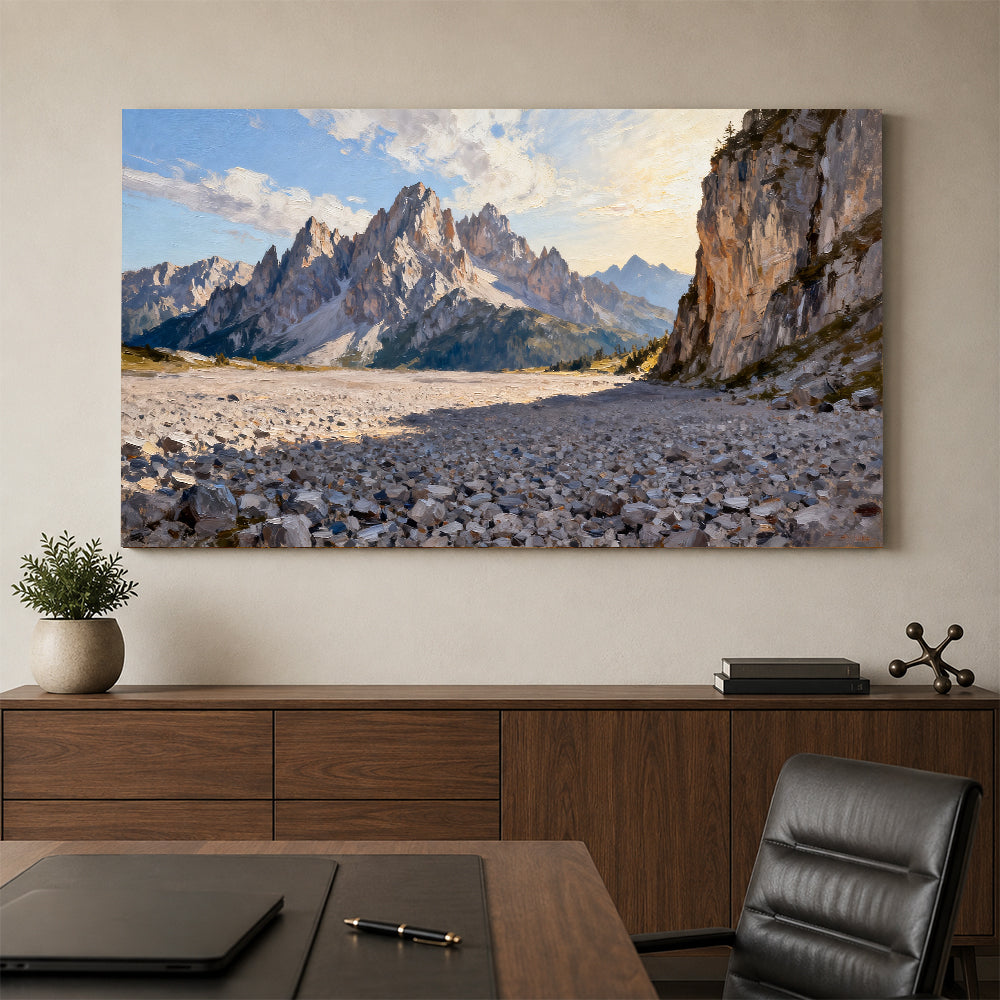 Rocky Alpine Passage canvas wall art, office mockup above a desk.