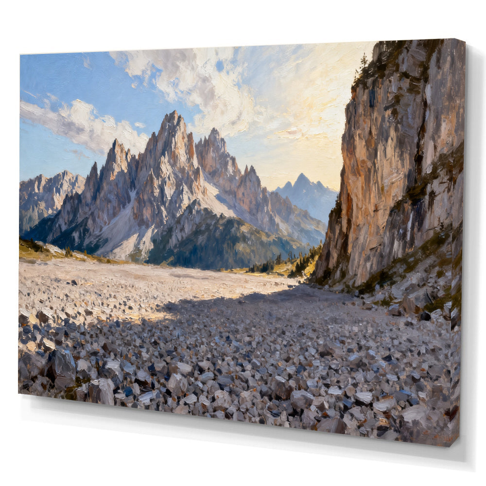 Rocky Alpine Passage canvas wall art, angled canvas mockup on a white background.