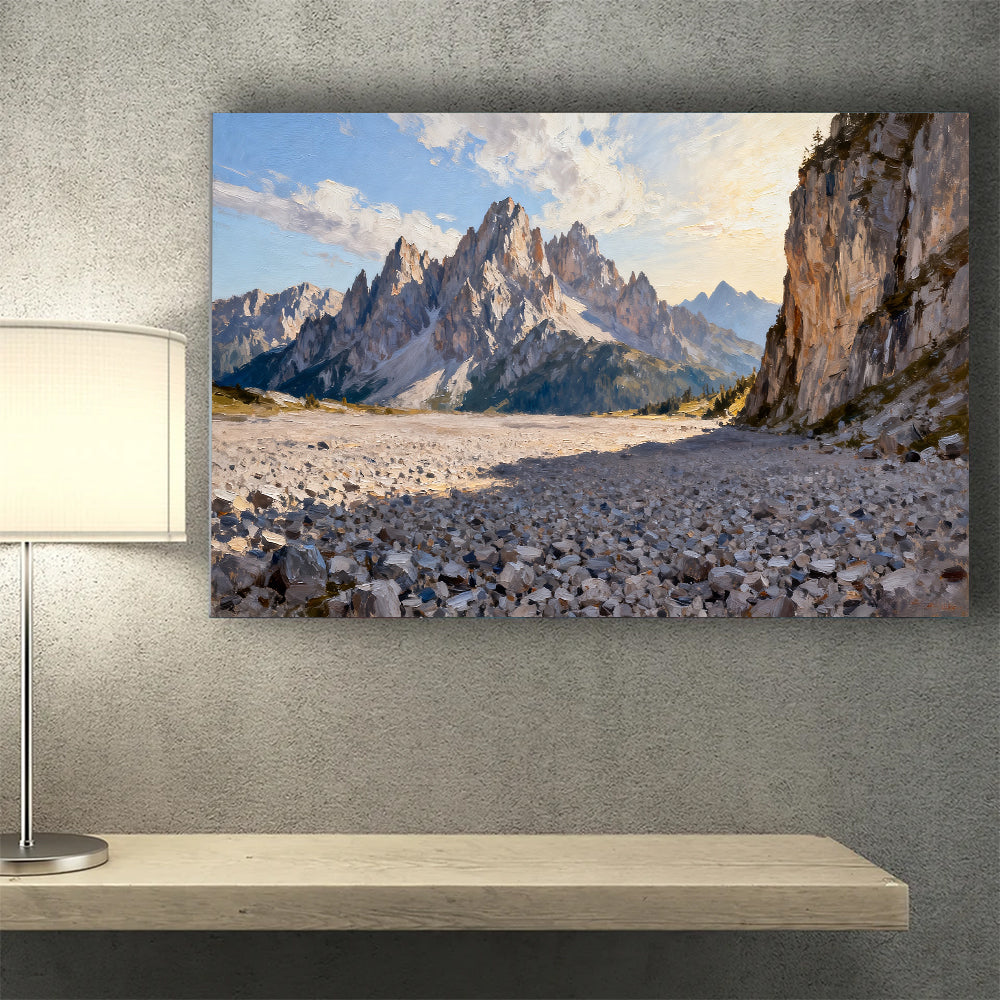 Rocky Alpine Passage canvas wall art, wall mockup above a console.