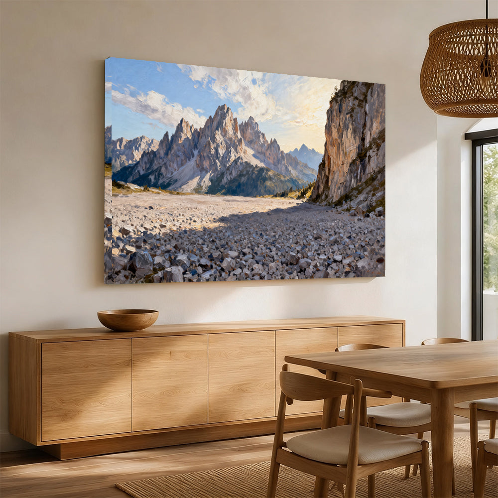 Rocky Alpine Passage canvas wall art, angled mockup above a sideboard.
