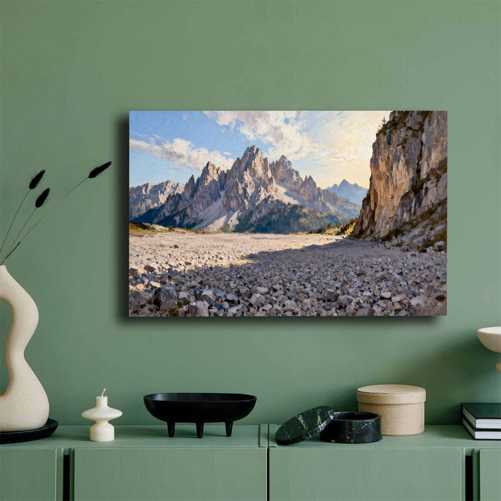 Rocky Alpine Passage canvas wall art, mockup on a green wall.