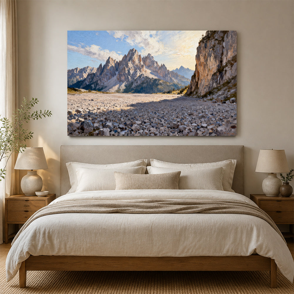 Rocky Alpine Passage canvas wall art, bedroom mockup above a bed.