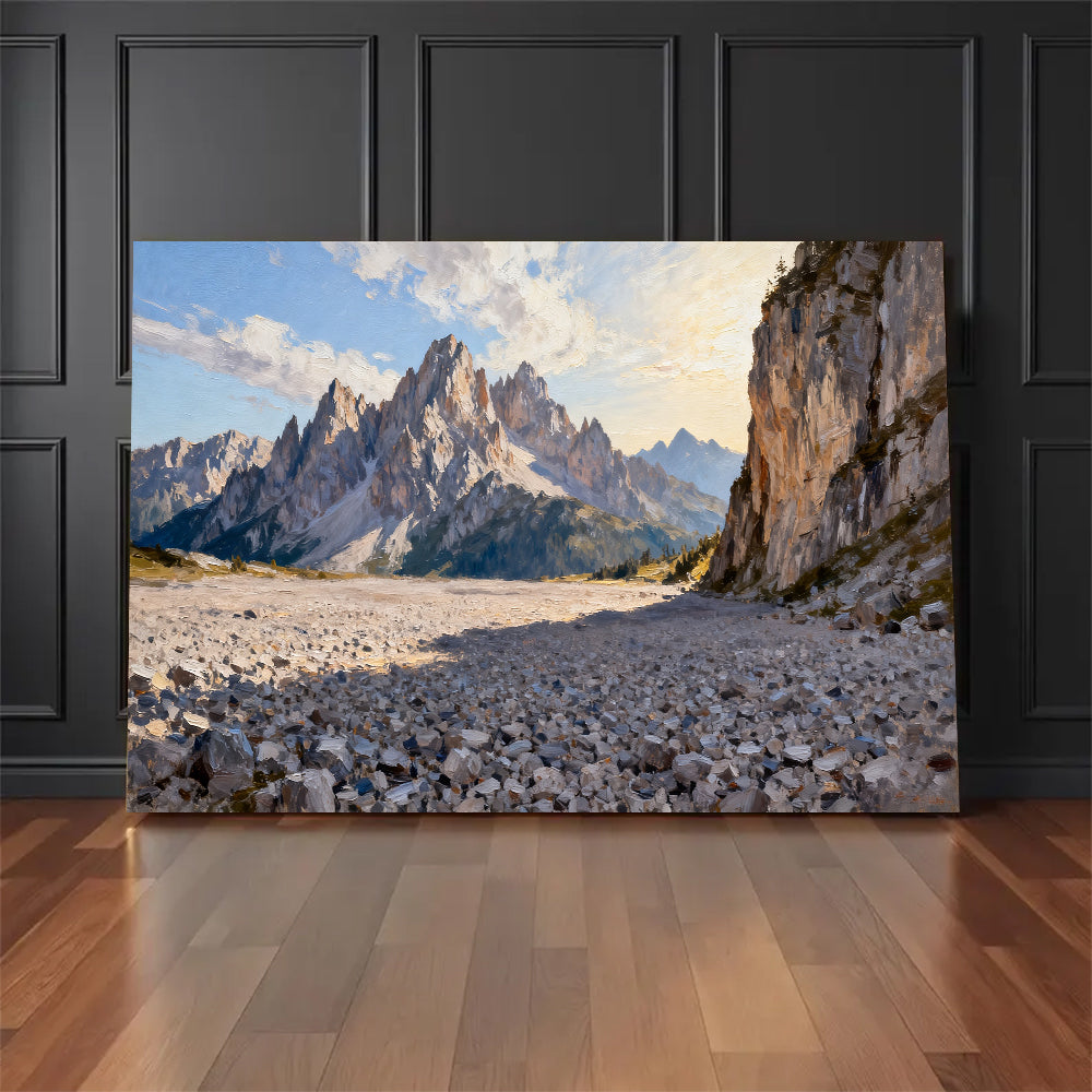 Rocky Alpine Passage canvas wall art, floor display against a dark wall.