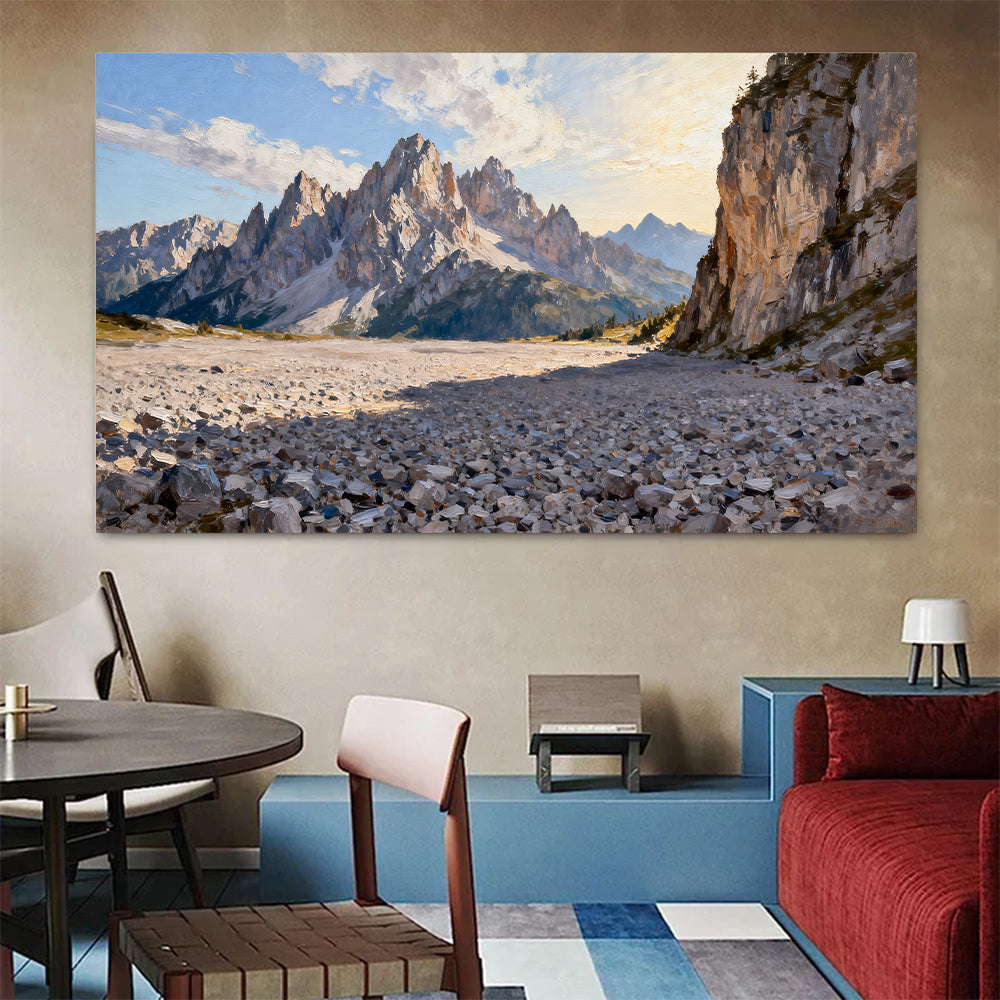 Rocky Alpine Passage canvas wall art, colorful room mockup.