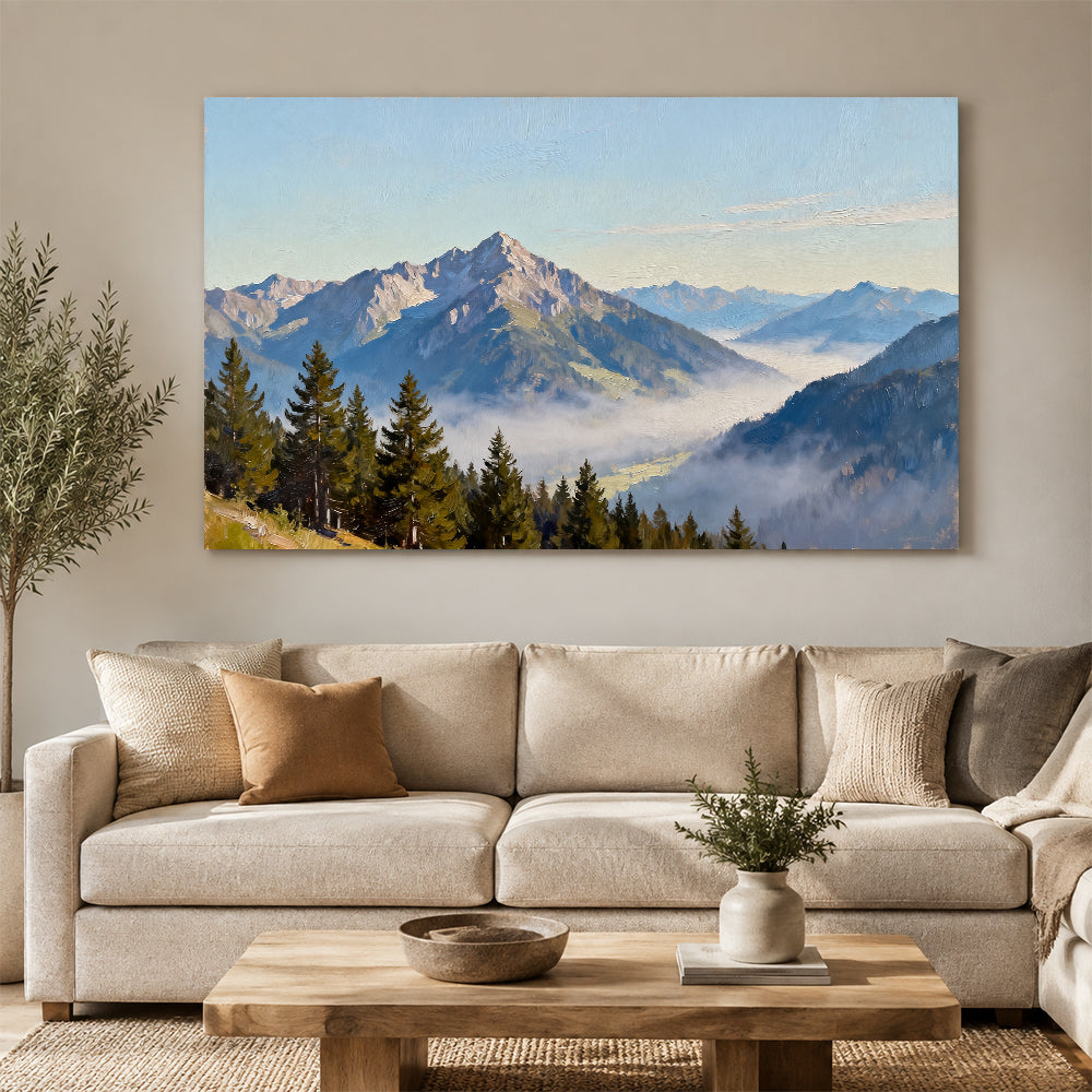 Pines above the Mist canvas wall art, living room mockup above a sofa.