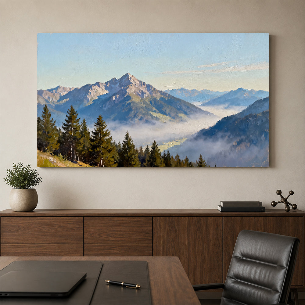 Pines above the Mist canvas wall art, office mockup above a desk.