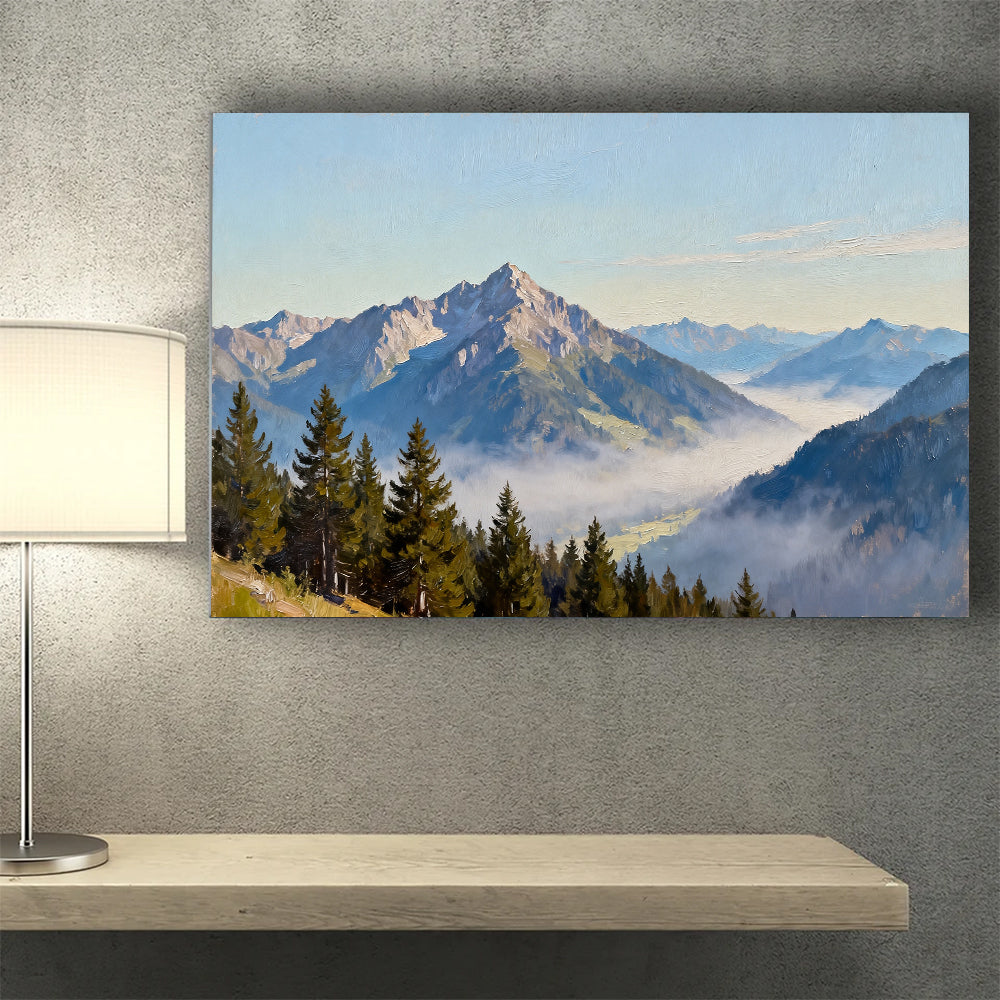 Pines above the Mist canvas wall art, wall mockup above a console.