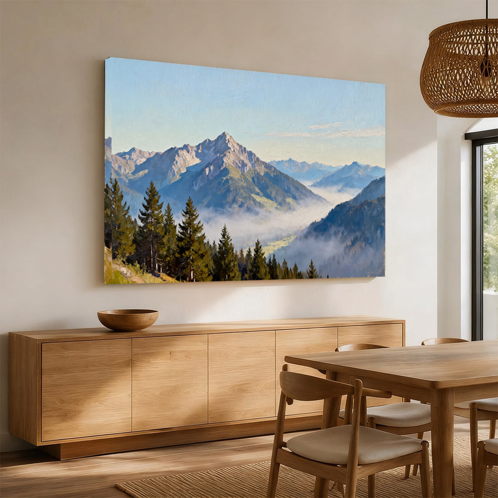 Pines above the Mist canvas wall art, angled mockup above a sideboard.