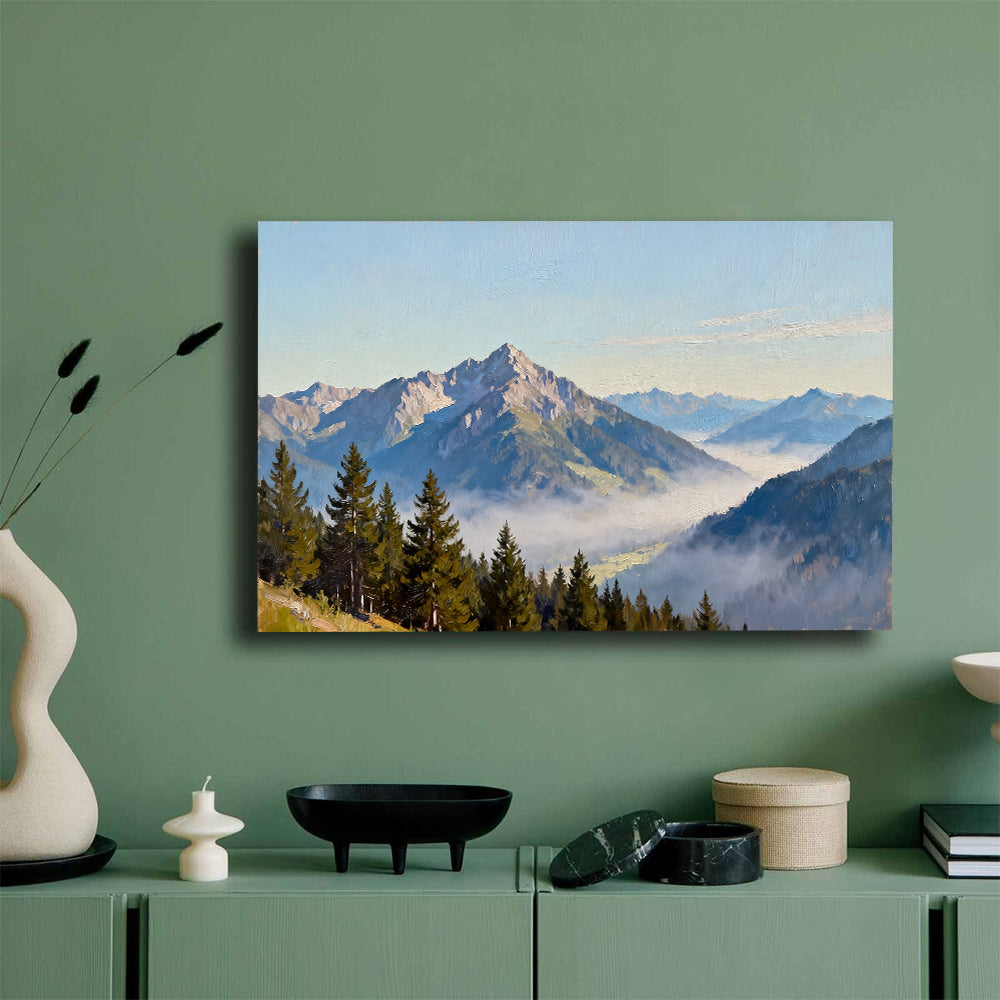 Pines above the Mist canvas wall art, mockup on a green wall.