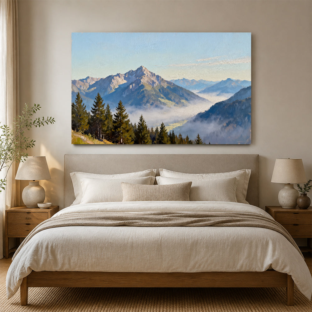 Pines above the Mist canvas wall art, bedroom mockup above a bed.