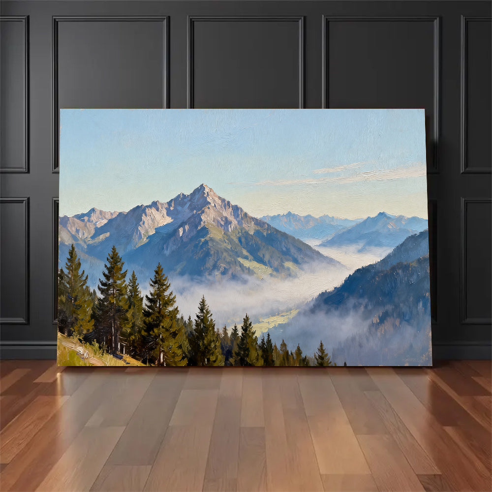 Pines above the Mist canvas wall art, floor display against a dark wall.