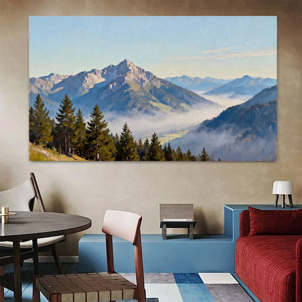 Pines above the Mist canvas wall art, colorful room mockup.