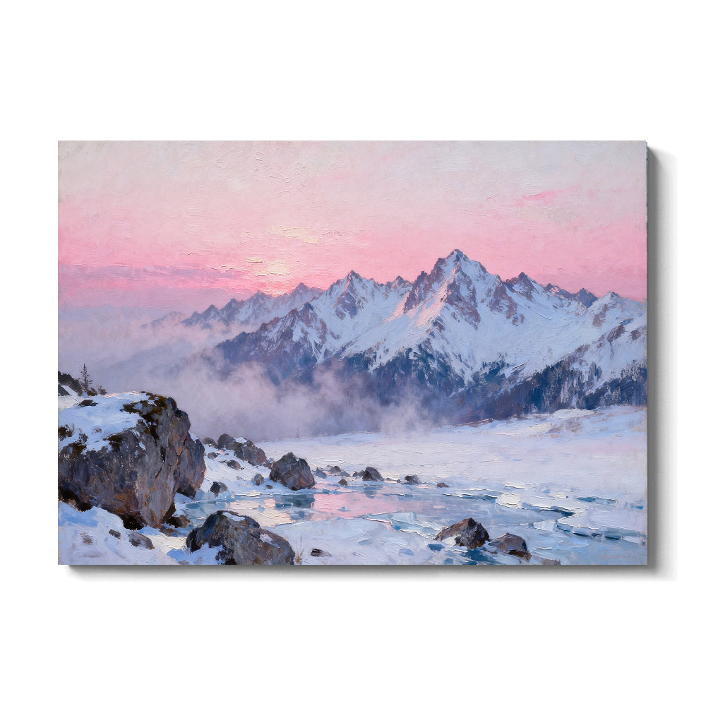 Rose Dawn Snowfield canvas wall art, front view on a white background.