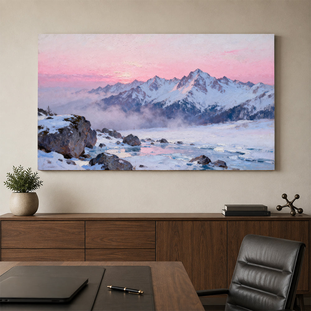 Rose Dawn Snowfield canvas wall art, office mockup above a desk.