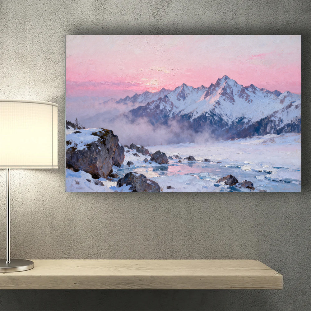 Rose Dawn Snowfield canvas wall art, wall mockup above a console.