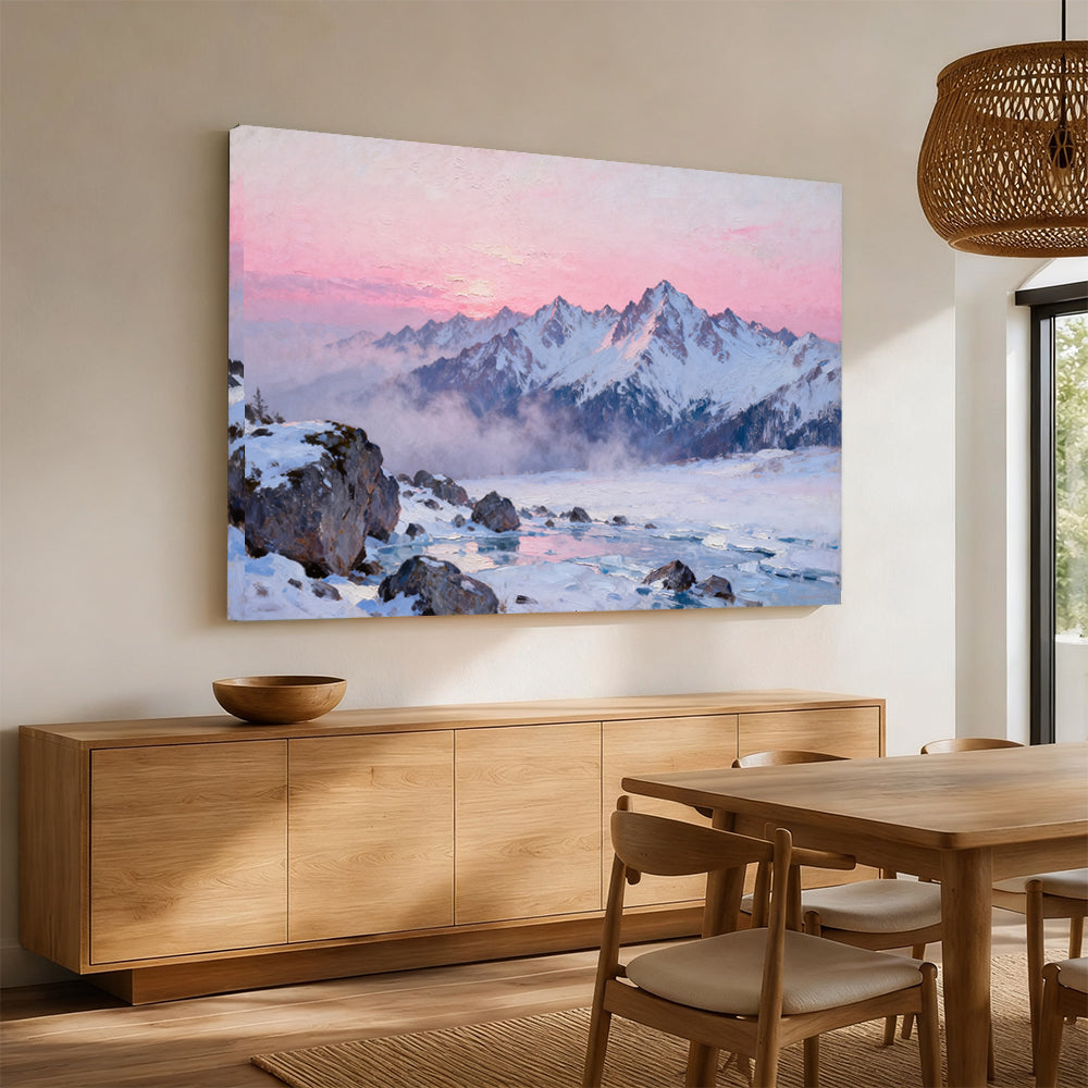 Rose Dawn Snowfield canvas wall art, angled mockup above a sideboard.