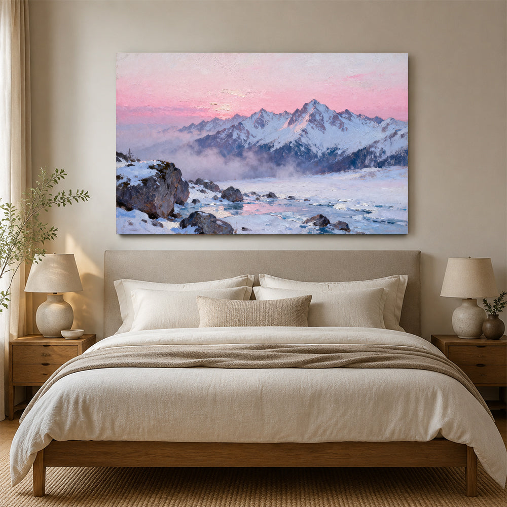Rose Dawn Snowfield canvas wall art, bedroom mockup above a bed.