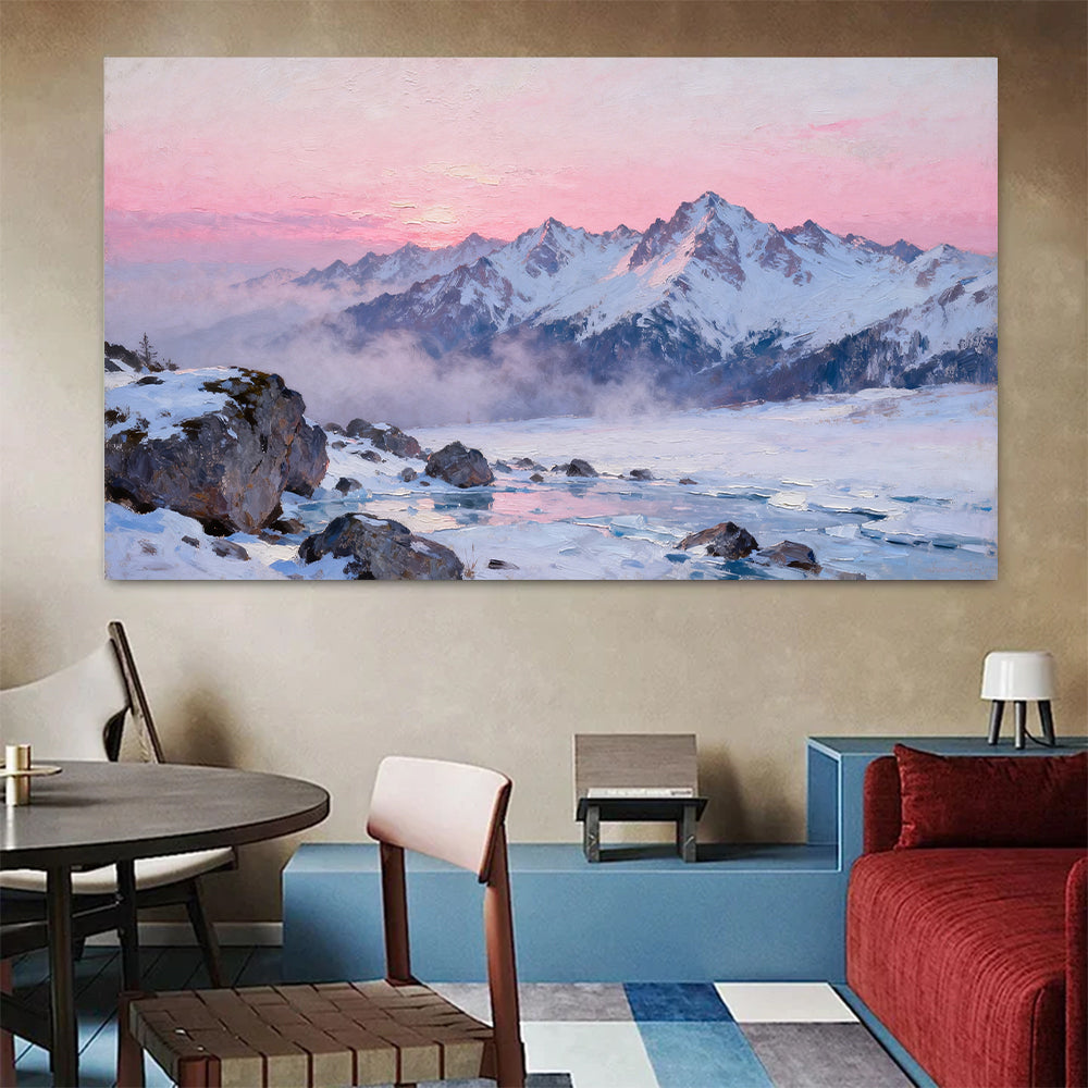 Rose Dawn Snowfield canvas wall art, colorful room mockup.