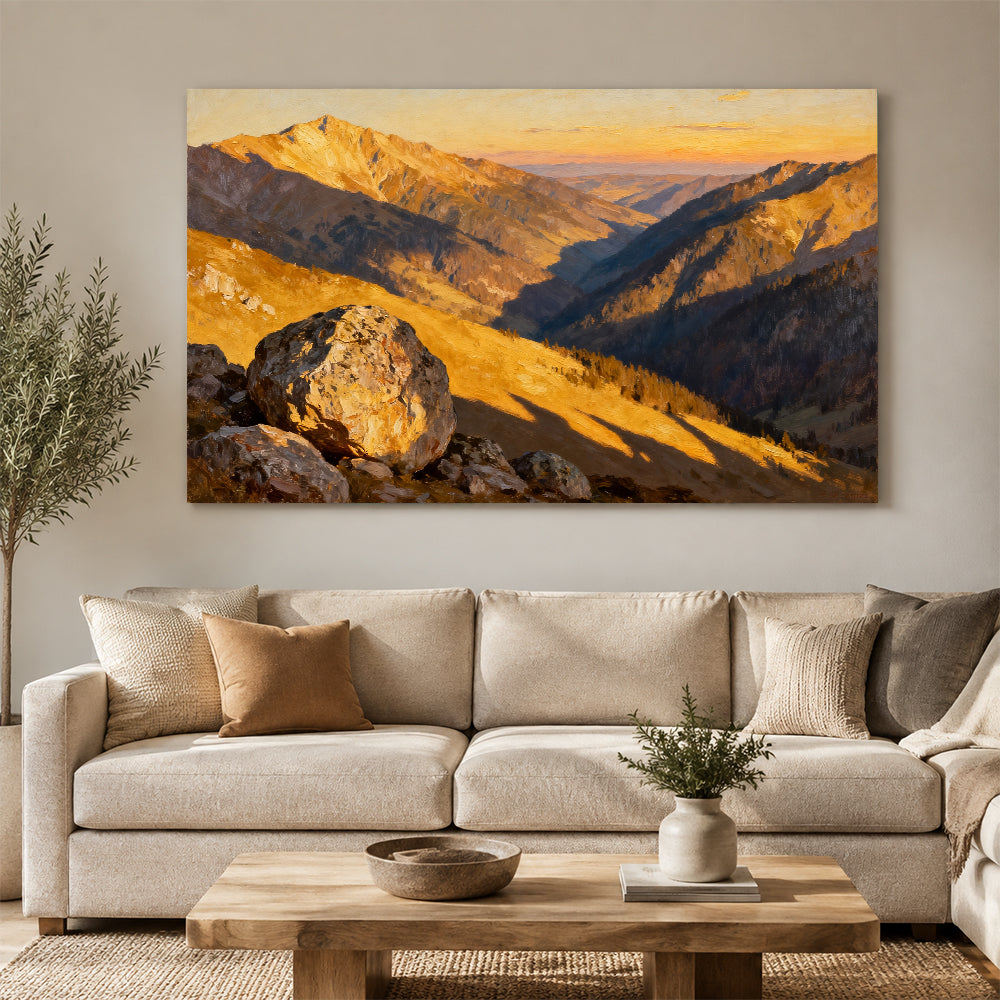 Golden Canyon Ridges canvas wall art, living room mockup above a sofa.