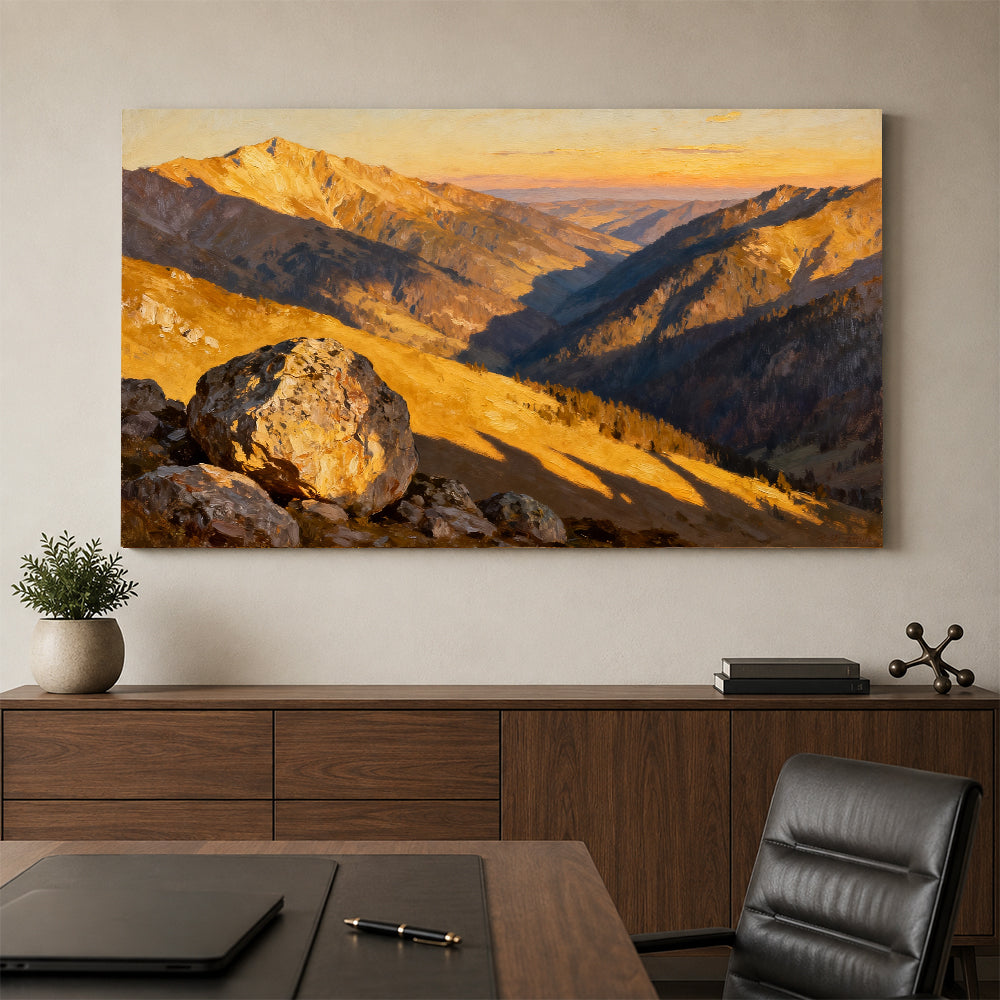 Golden Canyon Ridges canvas wall art, office mockup above a desk.