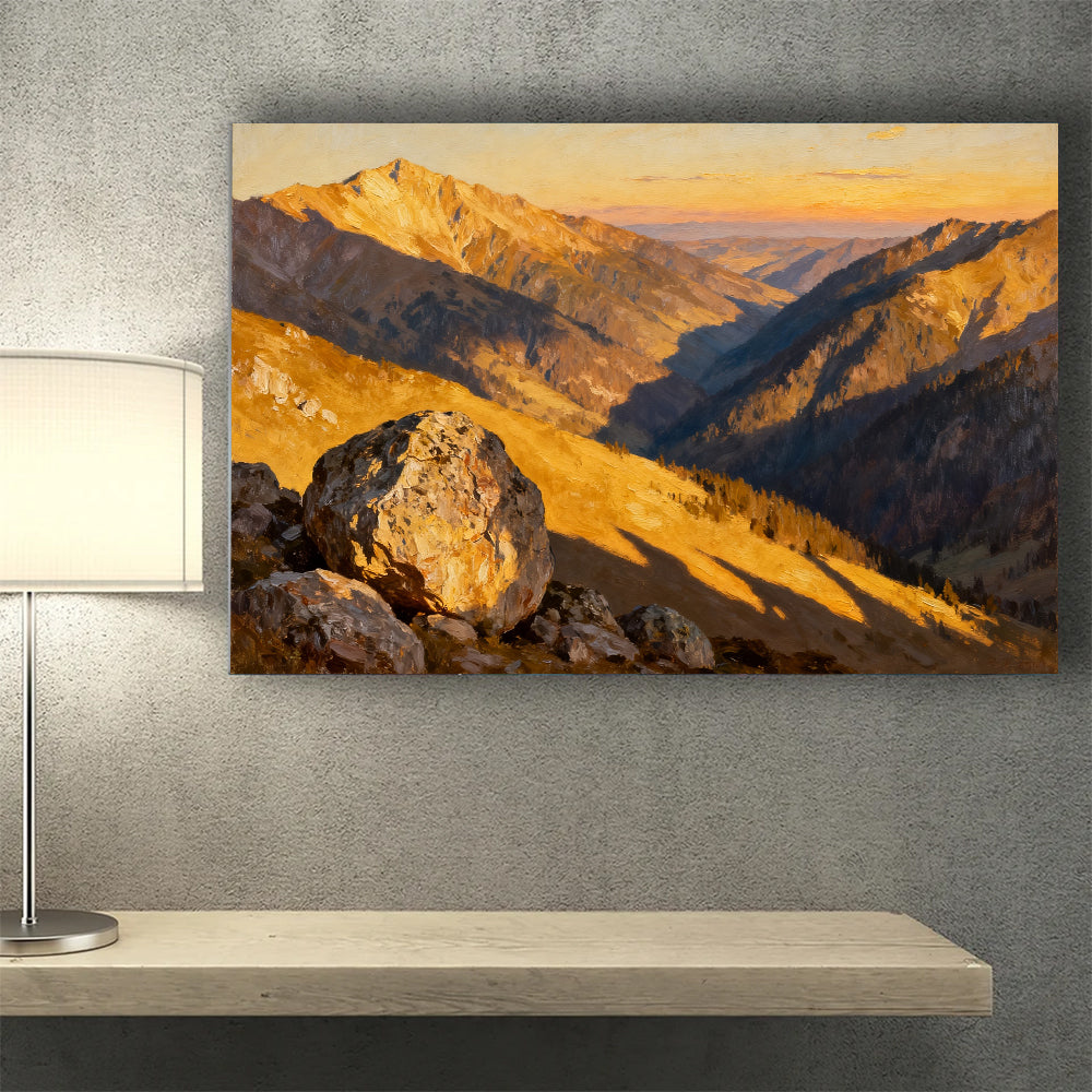 Golden Canyon Ridges canvas wall art, wall mockup above a console.