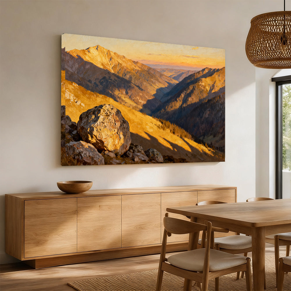 Golden Canyon Ridges canvas wall art, angled mockup above a sideboard.